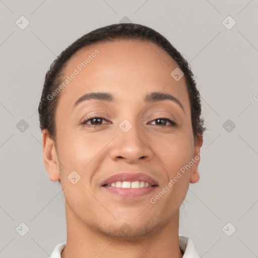 Joyful white young-adult female with short  brown hair and brown eyes