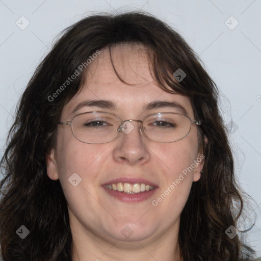 Joyful white adult female with long  brown hair and brown eyes