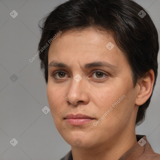 Joyful white adult female with short  brown hair and brown eyes