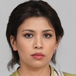 Neutral asian young-adult female with medium  brown hair and brown eyes