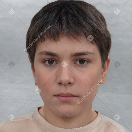 Neutral white young-adult female with short  brown hair and brown eyes