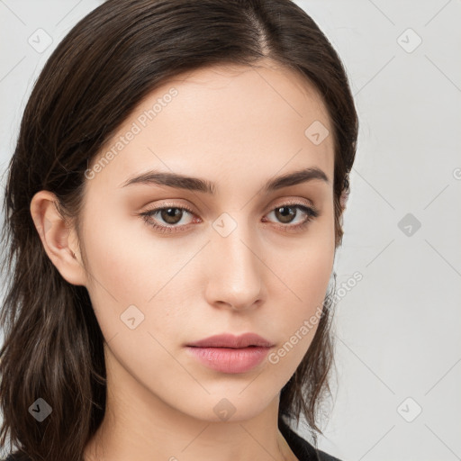 Neutral white young-adult female with medium  brown hair and brown eyes