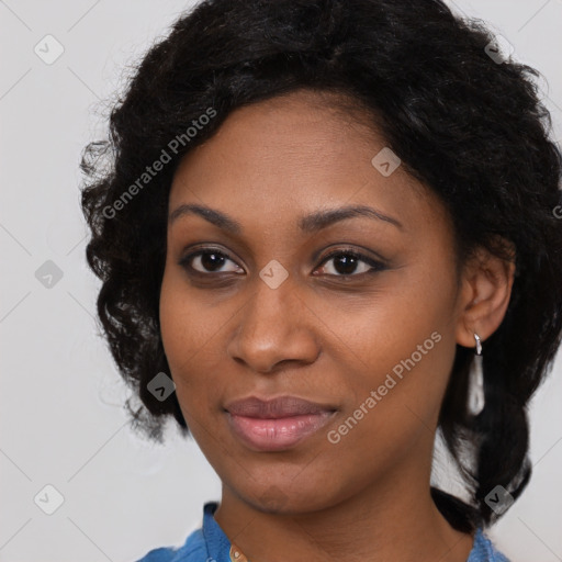 Joyful black young-adult female with medium  black hair and brown eyes