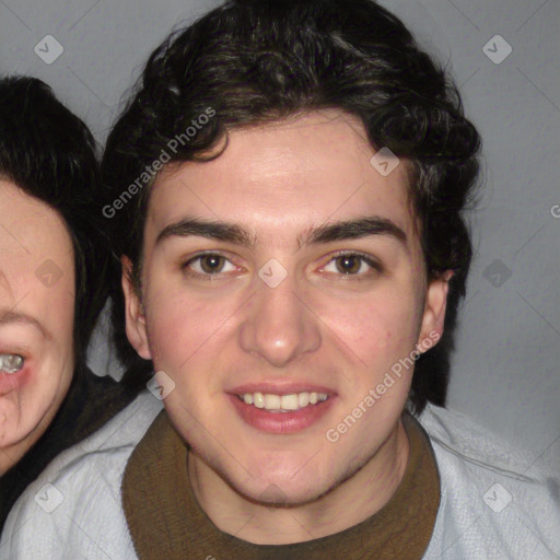 Joyful white young-adult male with medium  brown hair and brown eyes