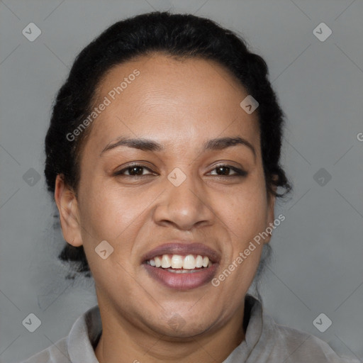 Joyful latino young-adult female with short  brown hair and brown eyes