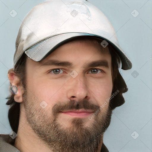 Neutral white young-adult male with short  brown hair and grey eyes