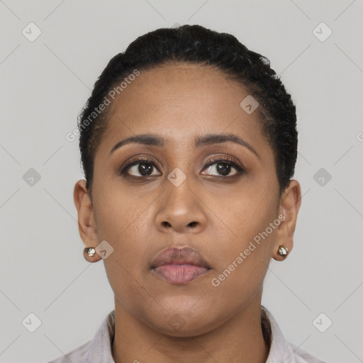 Neutral latino young-adult female with short  black hair and brown eyes