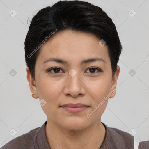 Joyful asian young-adult female with short  black hair and brown eyes