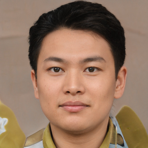 Neutral asian young-adult male with short  black hair and brown eyes