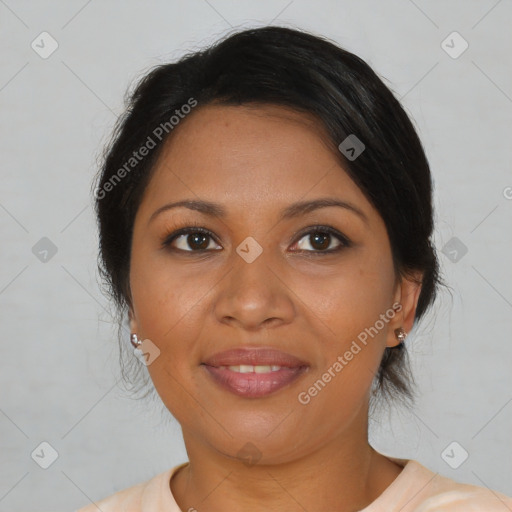 Joyful black young-adult female with medium  brown hair and brown eyes