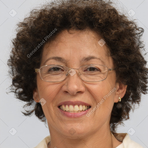 Joyful white middle-aged female with short  brown hair and brown eyes