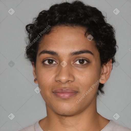 Joyful latino young-adult female with short  black hair and brown eyes