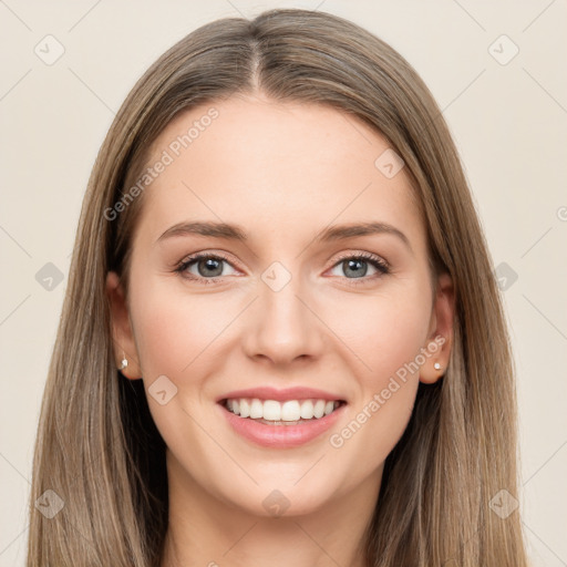 Joyful white young-adult female with long  brown hair and grey eyes