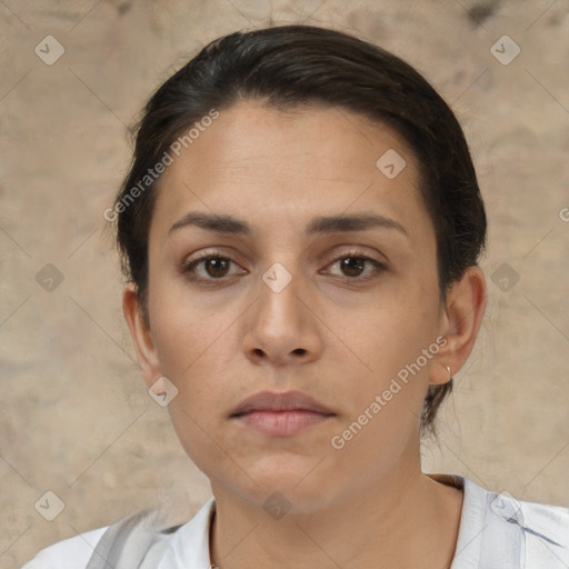 Neutral white young-adult female with short  brown hair and brown eyes