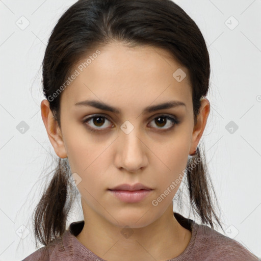 Neutral white young-adult female with medium  brown hair and brown eyes