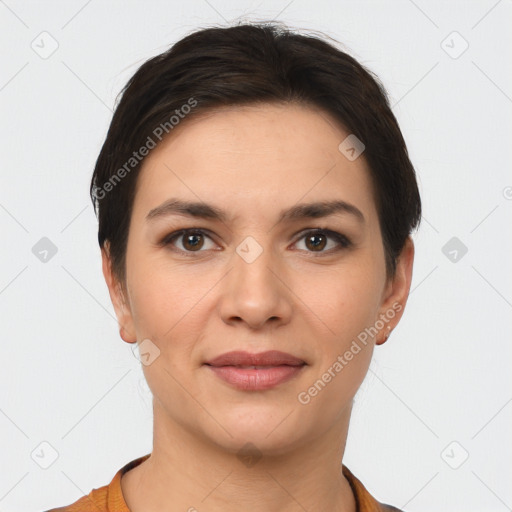 Joyful white young-adult female with short  brown hair and brown eyes