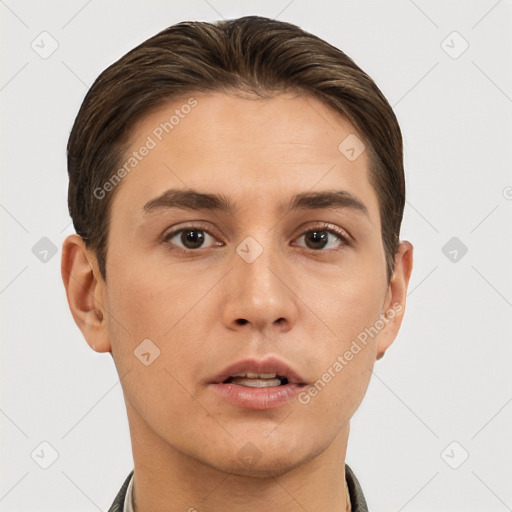 Neutral white young-adult male with short  brown hair and brown eyes