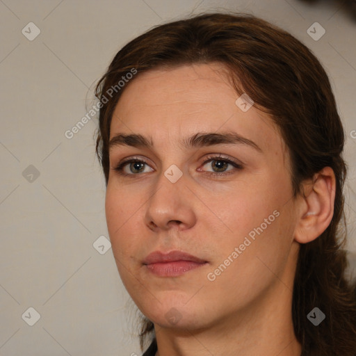 Neutral white young-adult female with medium  brown hair and brown eyes