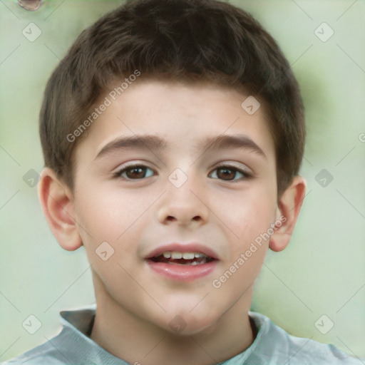 Joyful white child male with short  brown hair and brown eyes