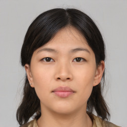 Neutral asian young-adult female with medium  black hair and brown eyes