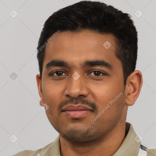 Neutral latino young-adult male with short  black hair and brown eyes