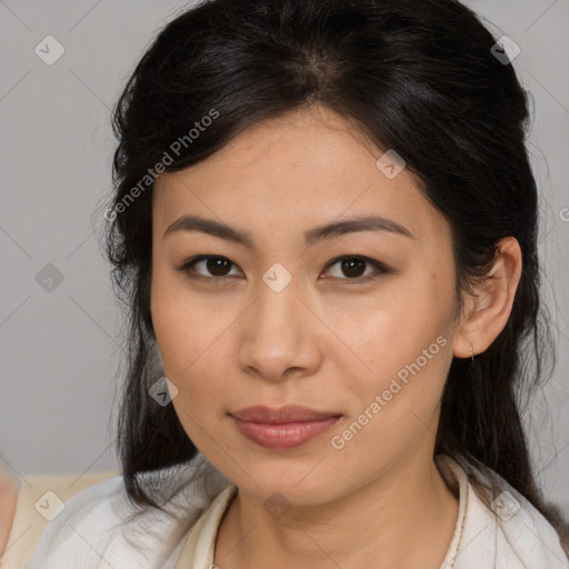 Joyful asian young-adult female with long  brown hair and brown eyes