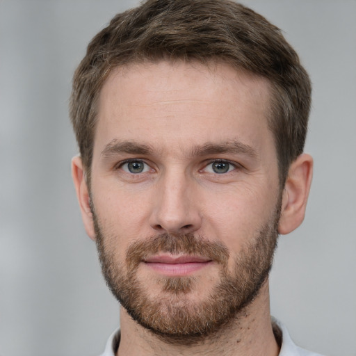 Neutral white young-adult male with short  brown hair and grey eyes