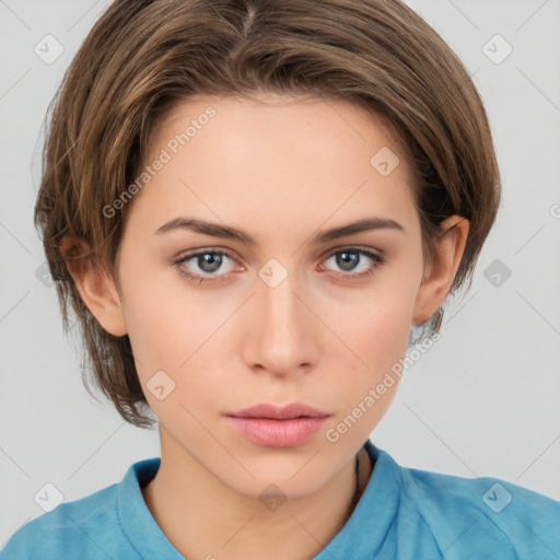 Neutral white young-adult female with medium  brown hair and grey eyes