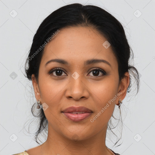 Joyful latino young-adult female with medium  brown hair and brown eyes