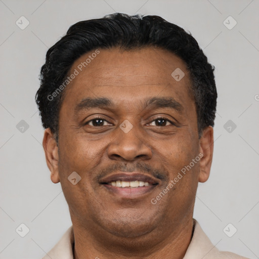 Joyful latino adult male with short  black hair and brown eyes