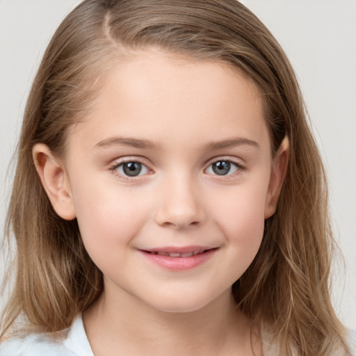 Joyful white child female with medium  brown hair and grey eyes