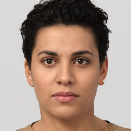 Neutral latino young-adult female with short  brown hair and brown eyes