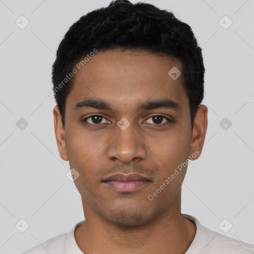 Neutral latino young-adult male with short  black hair and brown eyes