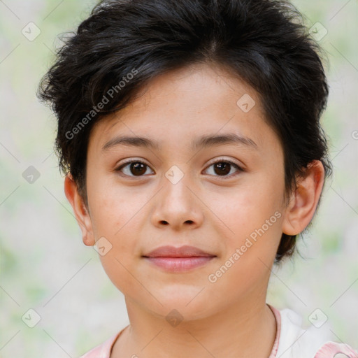 Joyful white child female with short  brown hair and brown eyes