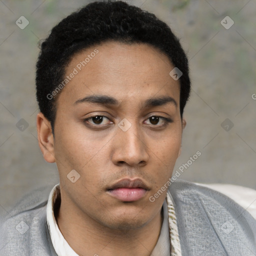 Neutral white young-adult male with short  black hair and brown eyes