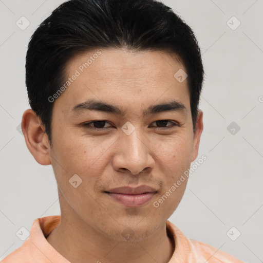 Joyful asian young-adult male with short  brown hair and brown eyes