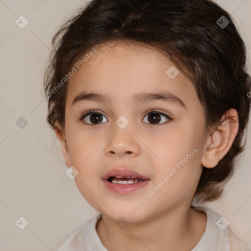 Joyful white child female with medium  brown hair and brown eyes