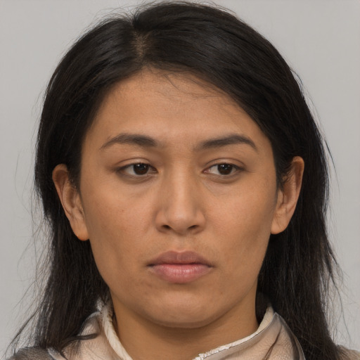 Neutral asian young-adult female with long  brown hair and brown eyes