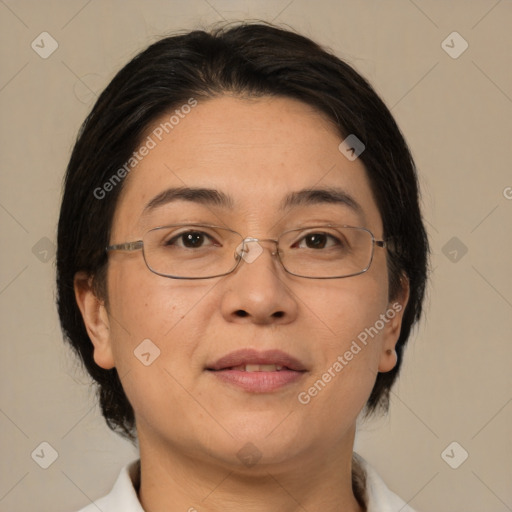 Joyful white adult female with medium  brown hair and brown eyes