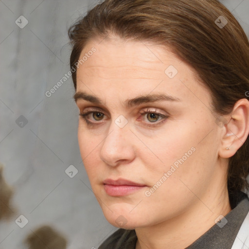 Neutral white young-adult female with medium  brown hair and brown eyes