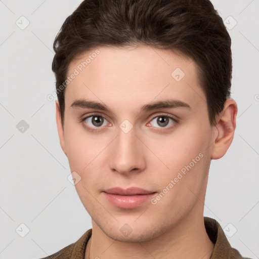 Neutral white young-adult male with short  brown hair and brown eyes