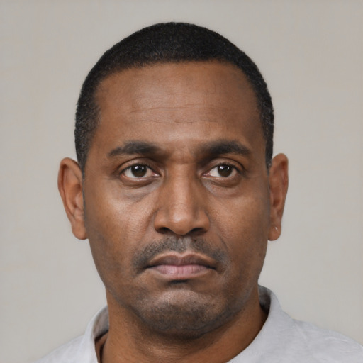 Neutral black adult male with short  black hair and brown eyes