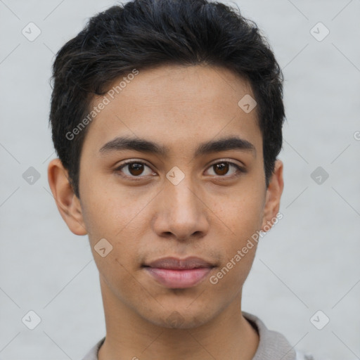 Neutral asian young-adult male with short  brown hair and brown eyes