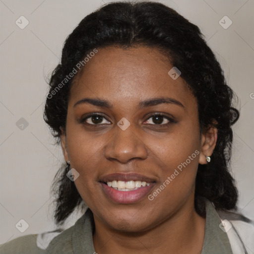 Joyful black young-adult female with medium  black hair and brown eyes