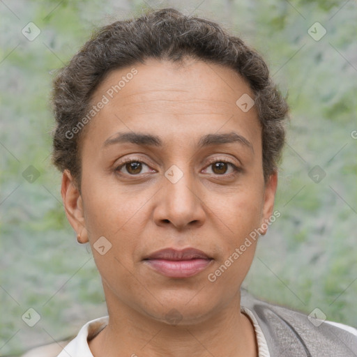 Joyful white adult female with short  brown hair and brown eyes