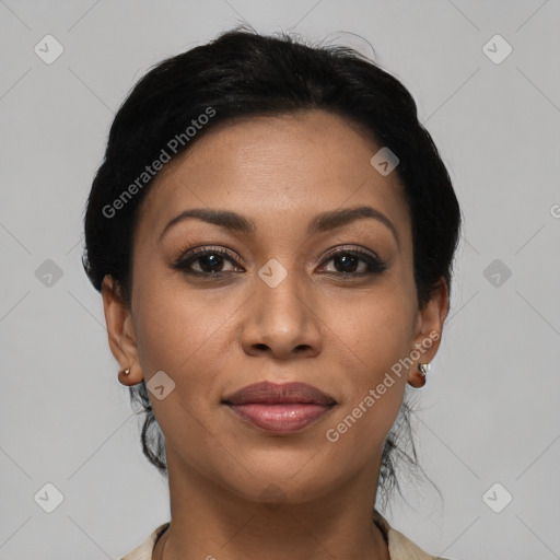 Joyful latino young-adult female with medium  black hair and brown eyes