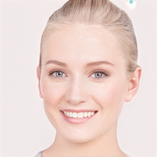 Joyful white young-adult female with short  brown hair and blue eyes