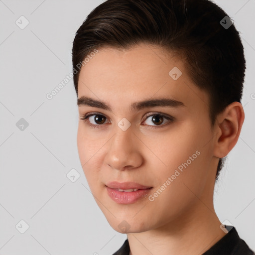 Joyful white young-adult female with short  brown hair and brown eyes