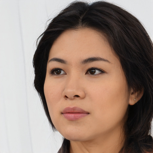 Neutral asian young-adult female with long  black hair and brown eyes