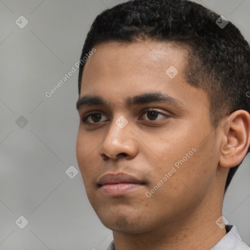 Neutral white young-adult male with short  black hair and brown eyes